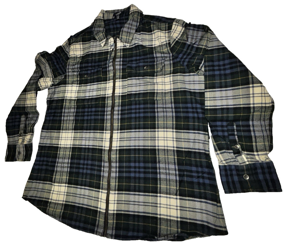 Chaps Plaid Shacket Full Zip Flannel Shirt Sz XXL Blue Green White Plaid Pockets